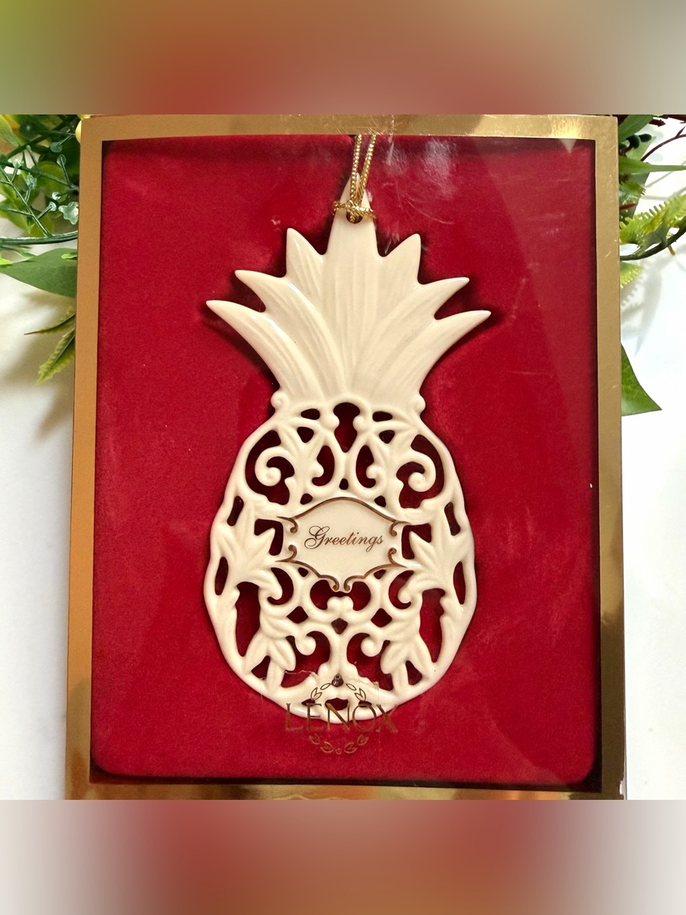 Lenox Greetings Pineapple Christmas Ornament Ivory Porcelain NIB Retired 2003